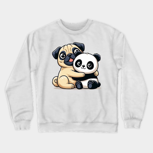 Panda Bear and Pug Dog Hugging Crewneck Sweatshirt by Shawn's Domain